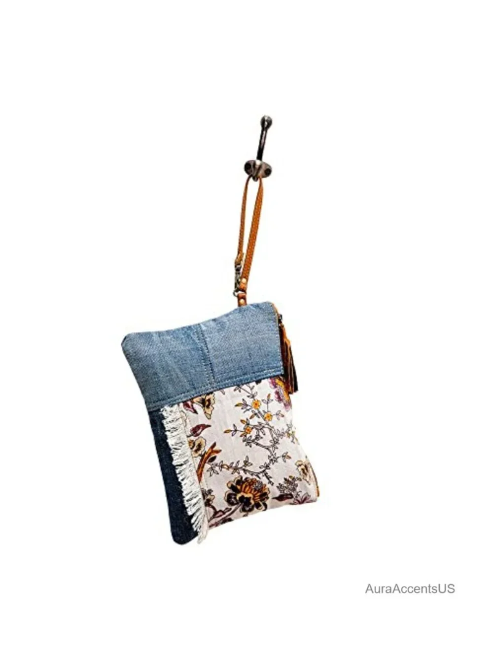 Handcrafted Patchwork Fabric Wristlet Purse with Leather Strap Boho Style